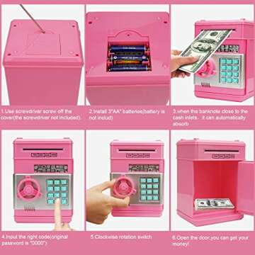Adevena Electronic Piggy Bank, Mini ATM Password Money Bank Cash Coins Saving Box for Kids, Cartoon Safe Bank Box Perfect Toy Gifts for Boys Girls (Pink)
