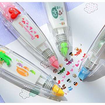 Hxytech 4Pcs Novelty Cute Cartoon Correction Tape Sticker Machines Pen Adhesive Kawaii Stationery Masking Tape School Supplies DIY Scrapbooking Stickers Diary Decor