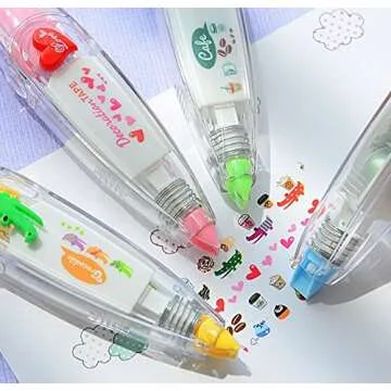 Hxytech 4Pcs Novelty Cute Cartoon Correction Tape Sticker Machines Pen Adhesive Kawaii Stationery Masking Tape School Supplies DIY Scrapbooking Stickers Diary Decor