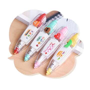 Hxytech 4Pcs Novelty Cute Cartoon Correction Tape Sticker Machines Pen Adhesive Kawaii Stationery Masking Tape School Supplies DIY Scrapbooking Stickers Diary Decor