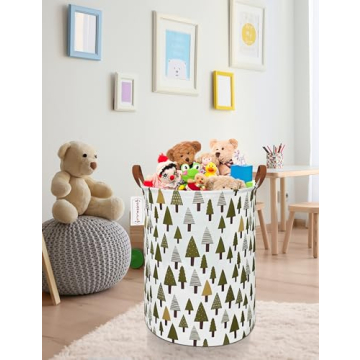 QUEENLALA Large Storage Basket,Laundry Hamper/Bathroom/Home Decor/Collapsible Round Storage Bin,Boys and Girls Hamper/Boxes/Clothing(Green forest)