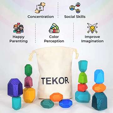 TEKOR 16 Pcs Wooden Stacking Rocks, Rainbow Balancing Stones, Natural Wooden Building Blocks, Educational Preschool Learning Lightweight Montessori Toys for Toddlers Boys Girls