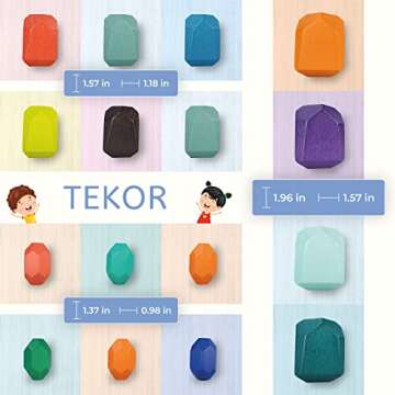 TEKOR 16 Pcs Wooden Stacking Rocks, Rainbow Balancing Stones, Natural Wooden Building Blocks, Educational Preschool Learning Lightweight Montessori Toys for Toddlers Boys Girls