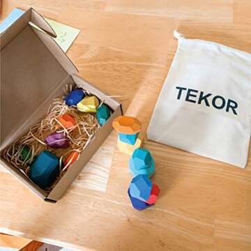 TEKOR 16 Pcs Wooden Stacking Rocks, Rainbow Balancing Stones, Natural Wooden Building Blocks, Educational Preschool Learning Lightweight Montessori Toys for Toddlers Boys Girls