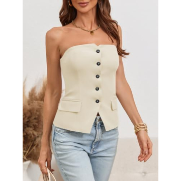 Cicy Bell Notched Neck Tube Tops Blazer Sleeveless Button Fitted Strapless Work Blazer Vest