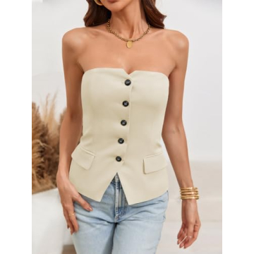 Cicy Bell Notched Neck Tube Tops Blazer Sleeveless Button Fitted Strapless Work Blazer Vest