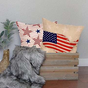 Gulidi Pack of 4 Independence Day Throw Pillow Covers Patriotic American Flag 4th of July Home Decor Inspired Stars Stripes USA Flag Cushion Cover Cotton Linen 18x18 Inch Square Pillow Cases