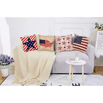 Gulidi Pack of 4 Independence Day Throw Pillow Covers Patriotic American Flag 4th of July Home Decor Inspired Stars Stripes USA Flag Cushion Cover Cotton Linen 18x18 Inch Square Pillow Cases