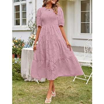 MEROKEETY Women's 2025 Casual Short Sleeve Smocked Dress Round Neck High Waist Ruffle Party Dresses,Purple,M
