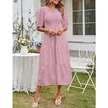 MEROKEETY Women's 2025 Casual Short Sleeve Smocked Dress Round Neck High Waist Ruffle Party Dresses,Purple,M