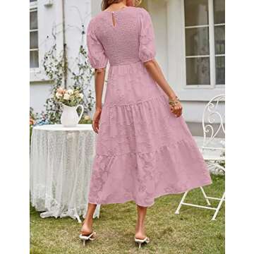 MEROKEETY Women's 2025 Casual Short Sleeve Smocked Dress Round Neck High Waist Ruffle Party Dresses,Purple,M