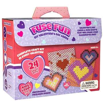 Valentines Day Cards for Kids Classroom-Heart Themed Fuse Bead Kits (24ct)-Perfect Valentines Day Gifts for Kids School Exchange for Boys & Girls -Each Includes Pixel Art Craft Activity w Perler Beads