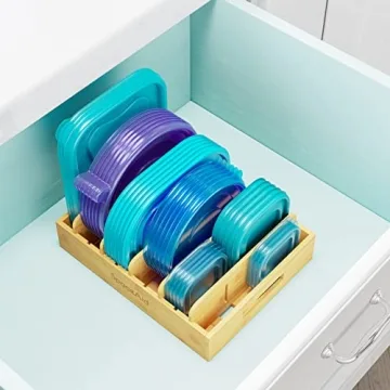 Bamboo Lid Organizer with Adjustable Dividers for Kitchen