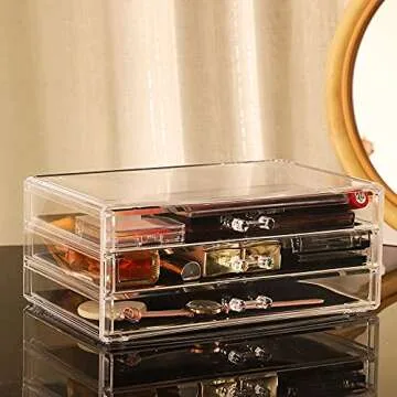 Cq acrylic Drawer Organizer with 3 Long Drawers,Stacking Office Supply Organizer and Desk Pen Storage and Stationary Organizer,Clear Makeup Storage Organizer for Palettes,Cosmetic, Beauty for Vanity