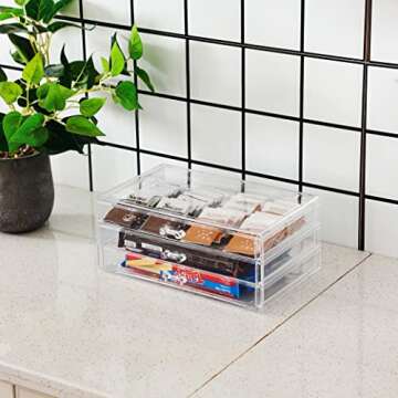 Cq acrylic Drawer Organizer with 3 Long Drawers,Stacking Office Supply Organizer and Desk Pen Storage and Stationary Organizer,Clear Makeup Storage Organizer for Palettes,Cosmetic, Beauty for Vanity