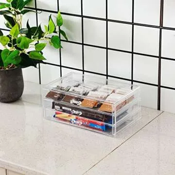 Cq acrylic Drawer Organizer with 3 Long Drawers,Stacking Office Supply Organizer and Desk Pen Storage and Stationary Organizer,Clear Makeup Storage Organizer for Palettes,Cosmetic, Beauty for Vanity