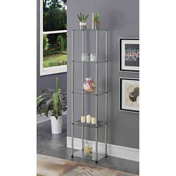 Convenience Concepts Designs2Go Classic Glass Shelves 15.75" - 5-Tier Glass Tower Room Décor, Modern Shelves for Storage and Display in Living Room, Bathroom, Bedroom, Office, Glass