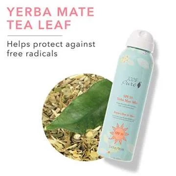 100% PURE Yerba Mate Mist SPF 30, 3.4 Fl Oz, Daily Face Sunscreen, Broad Spectrum UVA/UVB Protection, Water-Resistant, Zinc Oxide Natural Sunscreen, Mattifies Face, Mess-Free Application