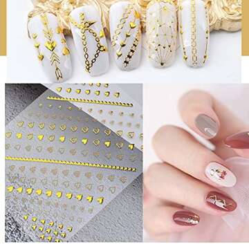 8 Sheets Gold Nail Art Stickers Decals 3D Self-Adhesive Nail Art Design Metallic Chains Line Triangle Heart Circle Nail Decoration Holographic Glitter Nail Supplies for Women Girls Manicure Sticker