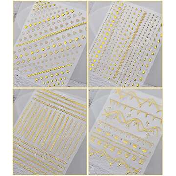 8 Sheets Gold Nail Art Stickers Decals 3D Self-Adhesive Nail Art Design Metallic Chains Line Triangle Heart Circle Nail Decoration Holographic Glitter Nail Supplies for Women Girls Manicure Sticker