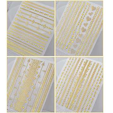 8 Sheets Gold Nail Art Stickers Decals 3D Self-Adhesive Nail Art Design Metallic Chains Line Triangle Heart Circle Nail Decoration Holographic Glitter Nail Supplies for Women Girls Manicure Sticker