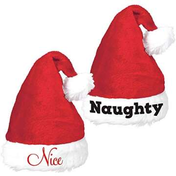 Naughty & Nice Santa Hat Set - 15" x 11" (Pack of 2) - Red & White Fur - Perfect for Festive Holiday...