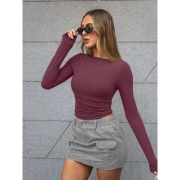 Trendy Queen Women's Boat Neck Tops Long Sleeve Shirts Casual Fitted Tee Shirts Solid Color Fall Basic Clothes WineRed S