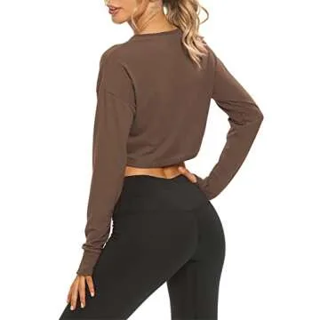 Mippo Crop Top Long Sleeve Workout Shirts Athletic Gym Active Wear Loose Cropped Sweaters Oversized Tshirts Brown M