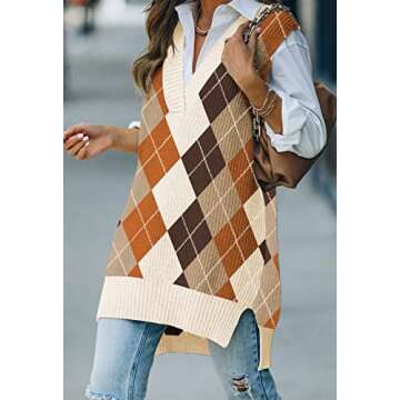 Viottiset Women's Oversized Argyle V Neck Tunic Knit Sweater Vest Sleeveless Top Khaki XL