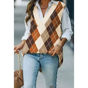 Viottiset Women's Argyle V Neck Sweater Vest - Khaki XL