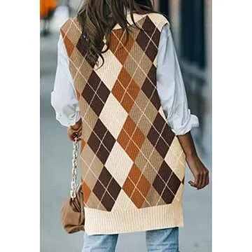 Viottiset Women's Argyle V Neck Sweater Vest - Khaki XL