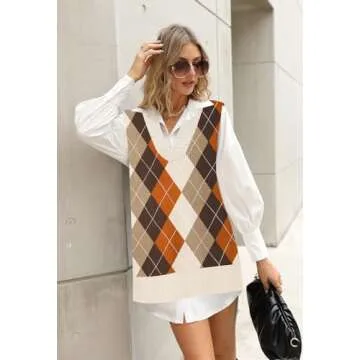 Viottiset Women's Argyle V Neck Sweater Vest - Khaki XL