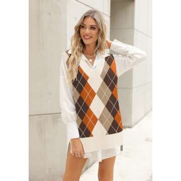 Viottiset Women's Argyle V Neck Sweater Vest - Khaki XL