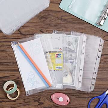HAUTOCO 30PCS A6 Cash Envelopes and Bussiness Card Holder, Zipper Budget Envelopes for Budgeting, Money Envelopes for Cash Saving, Clear PVC 6-Holes Binder Pockets Document Pouch for A6 Budget Binder