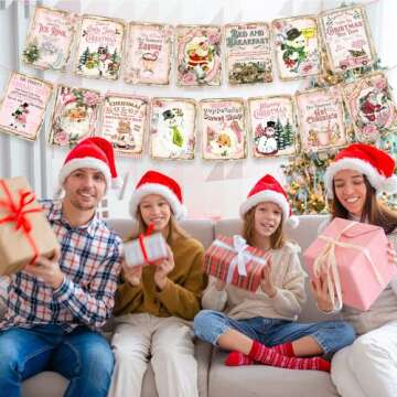 Pink Christmas Decorations Vintage Style Nativity Christmas Banner Traditional Christmas Bunting for...