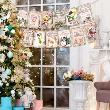Pink Christmas Decorations Vintage Style Nativity Christmas Banner Traditional Christmas Bunting for Home Fireplace Christmas Holiday New Year Party