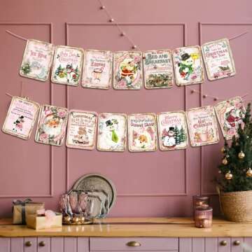 Pink Christmas Decorations Vintage Style Nativity Christmas Banner Traditional Christmas Bunting for Home Fireplace Christmas Holiday New Year Party