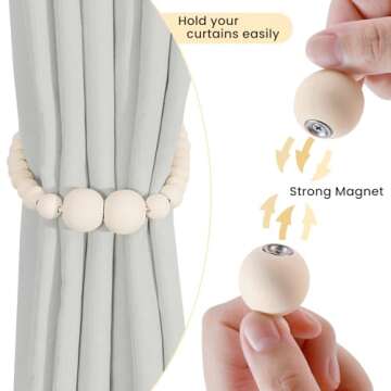 Magnetic Curtain Tiebacks, 2 Pack Curtain Holdbacks for Draperies, Wood Bead Curtain Tiebacks, Elega...