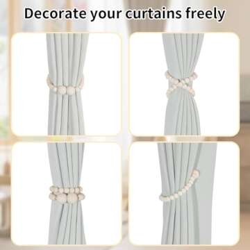 Magnetic Curtain Tiebacks, 2 Pack Curtain Holdbacks for Draperies, Wood Bead Curtain Tiebacks, Elegant Curtain Tie Backs for Bedroom Decor, Boho Room Decor, Nursery Decor, Farmhouse Decor