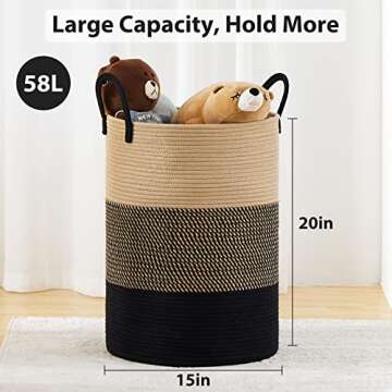 Fiona's magic 58L Large Woven Laundry Hamper, Tall Cotton Rope Laundry Basket, Boho Storage Basket for Blankets, Toys and Clothes Hamper for Bedroom and Living Room Organizing, Brown & Black