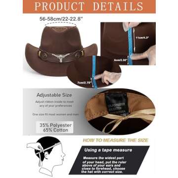 Felt-Fedora Western-Cowboy-Hat for Women-Men with Longhorn-Bull-Buckle-Belt Bling-Rhinestone Rolled-Up Brown Jazz Retro Rodeo-Cowgirl-Hats M