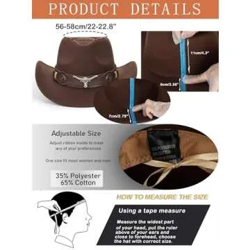 Felt-Fedora Western-Cowboy-Hat for Women-Men with Longhorn-Bull-Buckle-Belt Bling-Rhinestone Rolled-Up Brown Jazz Retro Rodeo-Cowgirl-Hats M