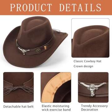 Felt-Fedora Western-Cowboy-Hat for Women-Men with Longhorn-Bull-Buckle-Belt Bling-Rhinestone Rolled-Up Brown Jazz Retro Rodeo-Cowgirl-Hats M