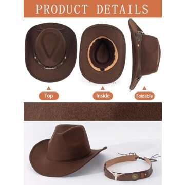 Felt-Fedora Western-Cowboy-Hat for Women-Men with Longhorn-Bull-Buckle-Belt Bling-Rhinestone Rolled-Up Brown Jazz Retro Rodeo-Cowgirl-Hats M