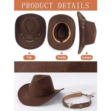 Felt-Fedora Western-Cowboy-Hat for Women-Men with Longhorn-Bull-Buckle-Belt Bling-Rhinestone Rolled-Up Brown Jazz Retro Rodeo-Cowgirl-Hats M