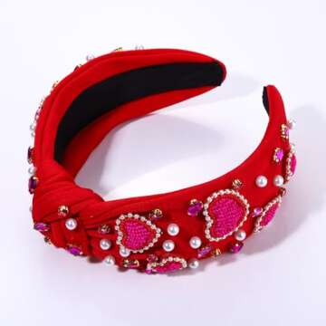 CEALXHENY Valentine's Day Hairband, Red/Pink Beaded Heart Headband, Wide Top Knot Headband with Crys...