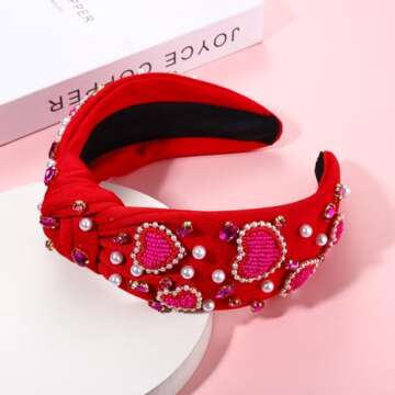 CEALXHENY Valentine's Day Hairband, Red/Pink Beaded Heart Headband, Wide Top Knot Headband with Crystal, Jeweled Rhinestone Headband for Women, Valentine's Day Gifts