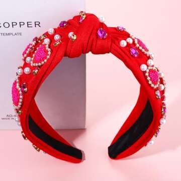 CEALXHENY Valentine's Day Hairband, Red/Pink Beaded Heart Headband, Wide Top Knot Headband with Crystal, Jeweled Rhinestone Headband for Women, Valentine's Day Gifts