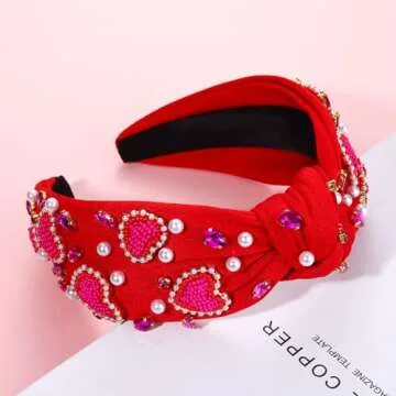 CEALXHENY Valentine's Day Hairband, Red/Pink Beaded Heart Headband, Wide Top Knot Headband with Crystal, Jeweled Rhinestone Headband for Women, Valentine's Day Gifts