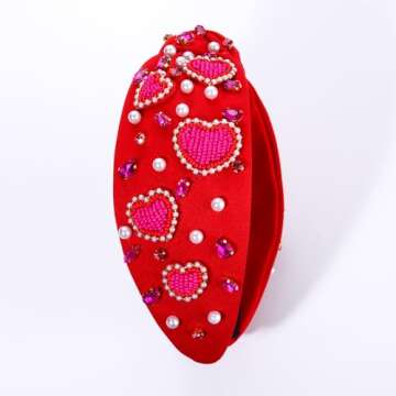 CEALXHENY Valentine's Day Hairband, Red/Pink Beaded Heart Headband, Wide Top Knot Headband with Crystal, Jeweled Rhinestone Headband for Women, Valentine's Day Gifts